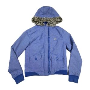 Y2k DC Apparel Faux Fur Trim Hood Jacket Blue Grunge Skater Bella Thorn Baddie